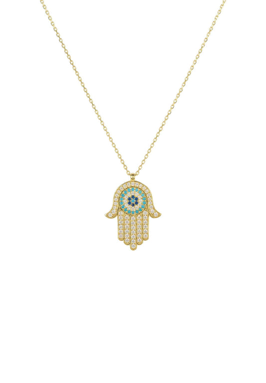 Hamsa Hand With Evil Eye Pendant Necklace Gold