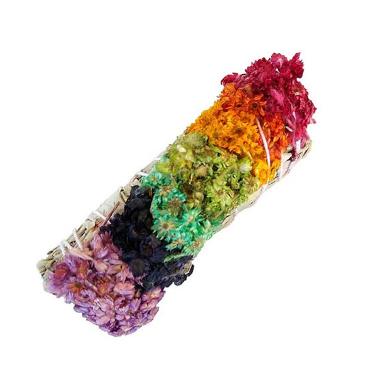 White Sage Smudge Stick With 7 Chakra Flower Sage Bundle - 4"